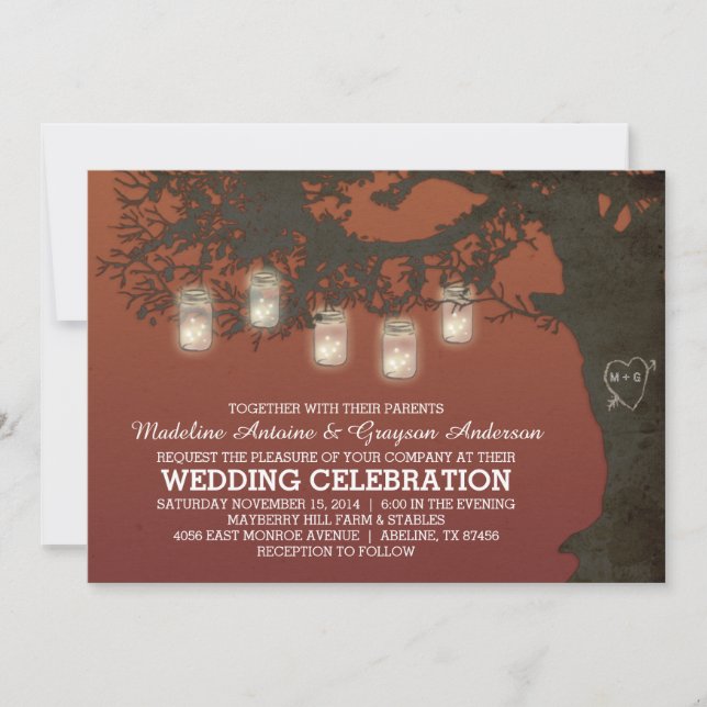 Mason Jar String Lights Herbstduft Hochzeit Einladung (Vorderseite)