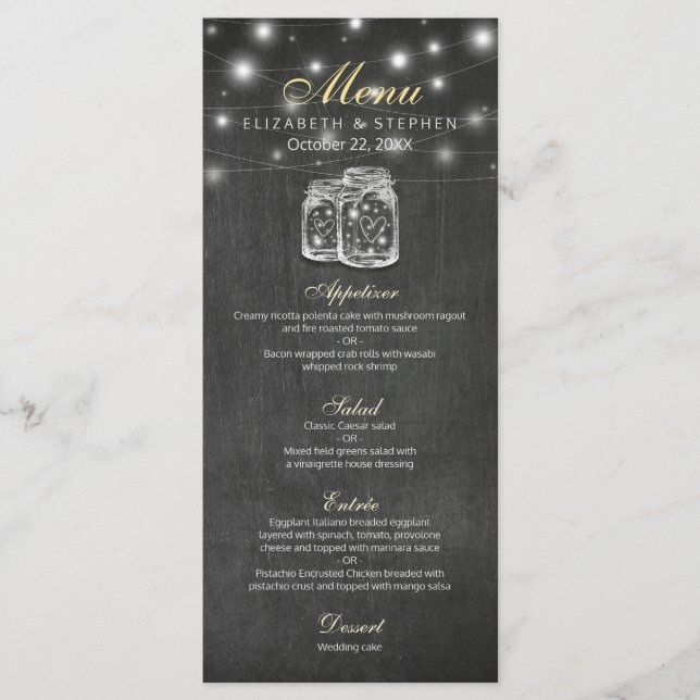 Mason Jar & String Lights Hochzeitmenü Menükarte (Vorderseite)