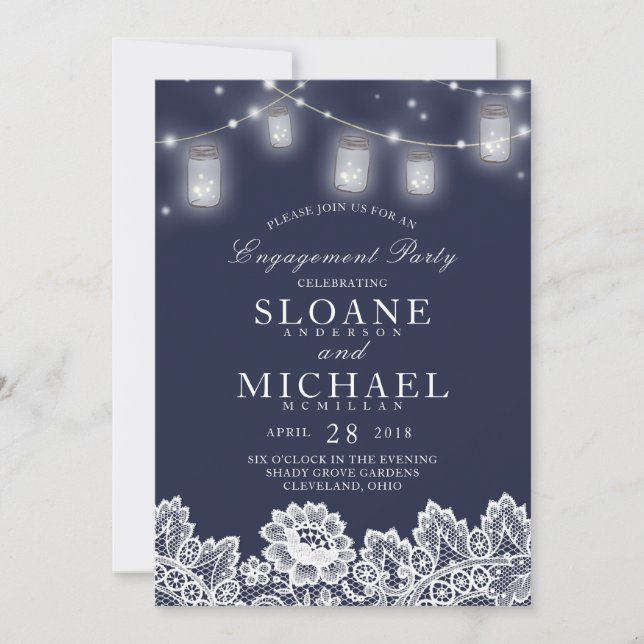 Mason Jar String Lights Lace Navy Engagement Party Einladung (Vorderseite)