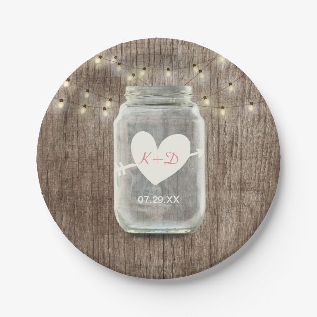 Mason Jar & String Lights Rustic Barn Wood Wedding Pappteller (Vorderseite)