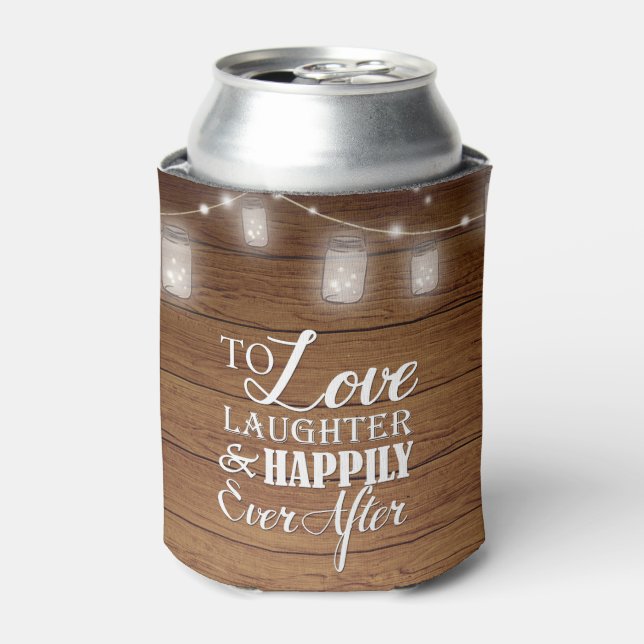 Mason Jar String Lights Rustic Wood Wedding 2 Dosenkühler (Kanne Vorderseite)