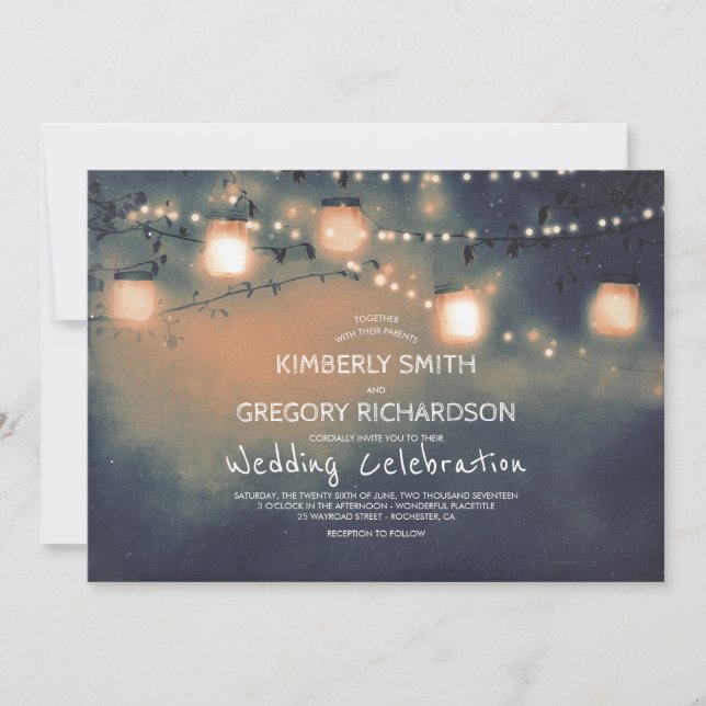 Mason Jar String Lights Starry Night Wedding Einladung (Vorderseite)