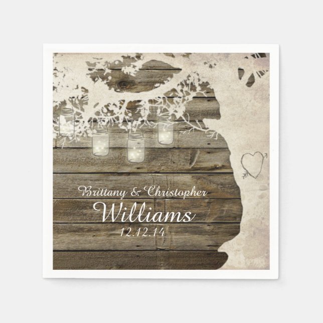 Mason Jar String Lights Tree Barn Wood Napkins Serviette (Vorderseite)