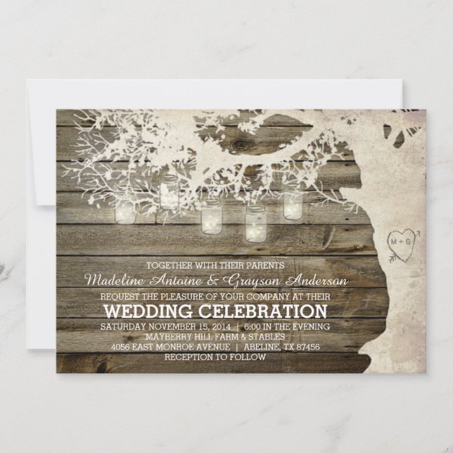 Mason Jar String Lights Tree Vintages Barnholz Einladung (Vorderseite)