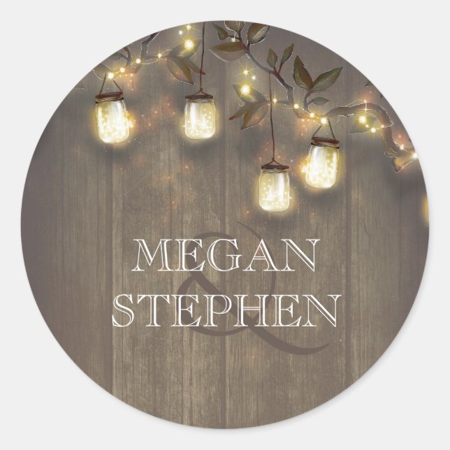 Mason Jar String Lights und rustikale Baumzweige Runder Aufkleber (Vorderseite)