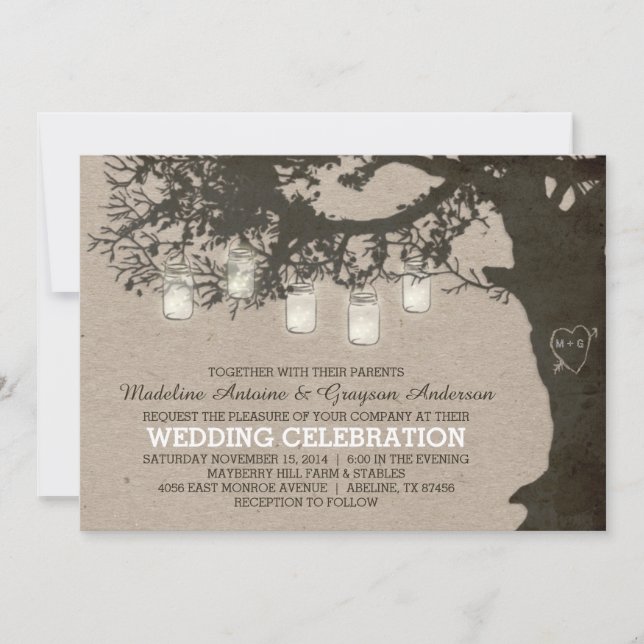 Mason Jar String Lights Vintage Bäume Hochzeit Einladung (Vorderseite)