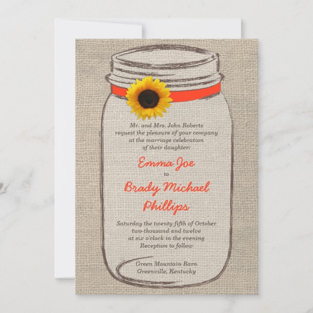Mason Jar & Sunflower Hochzeit Einladung Orange (Vorderseite)