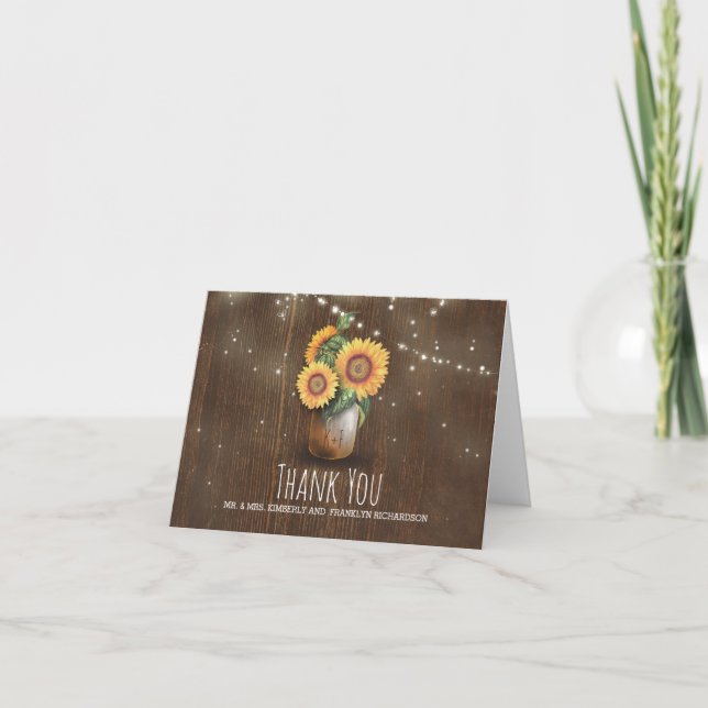 Mason Jar Sunflowers Rustic Wedding Vielen Dank Dankeskarte (Vorderseite)