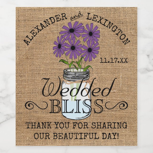 Mason Jar und Burlap sehen rustikale Hochzeit Weinetikett (Einzelnes Label)