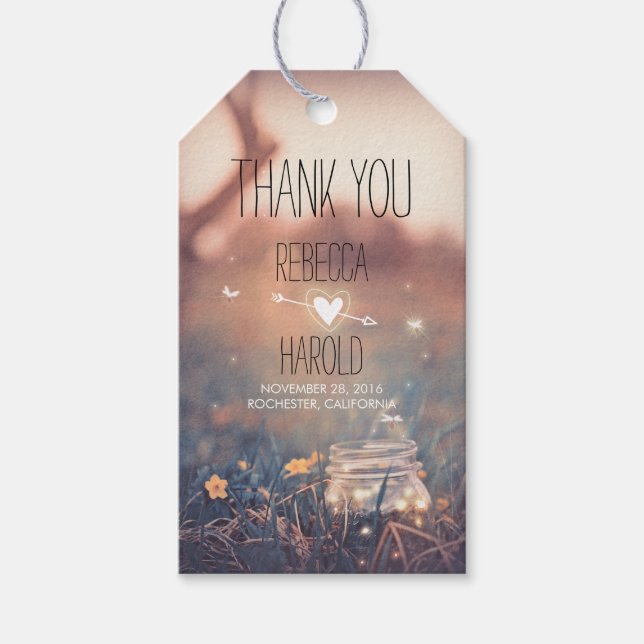 Mason Jar und Fireflies Rustic Wedding Vielen Dank Geschenkanhänger (Vorderseite)