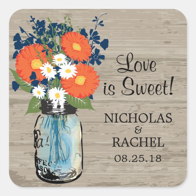 Mason Jar und Gerber Daisies Wedding Quadratischer Aufkleber (Vorderseite)