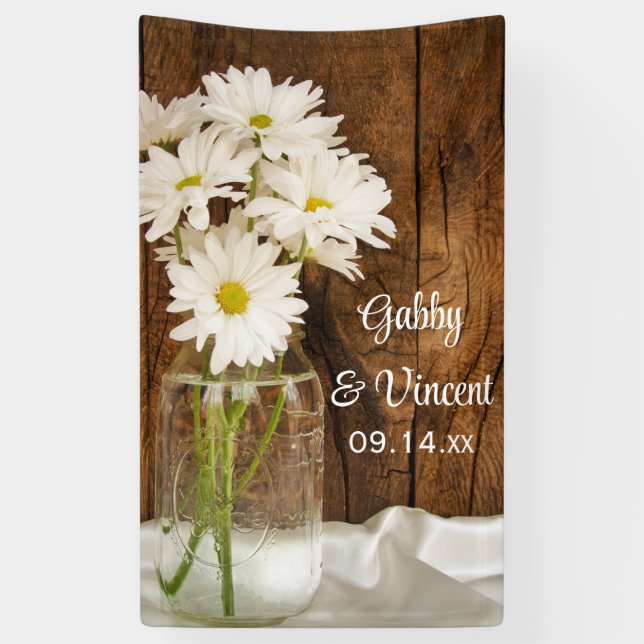 Mason Jar und White Daisies Country Barn Wedding Banner (Vertikal)