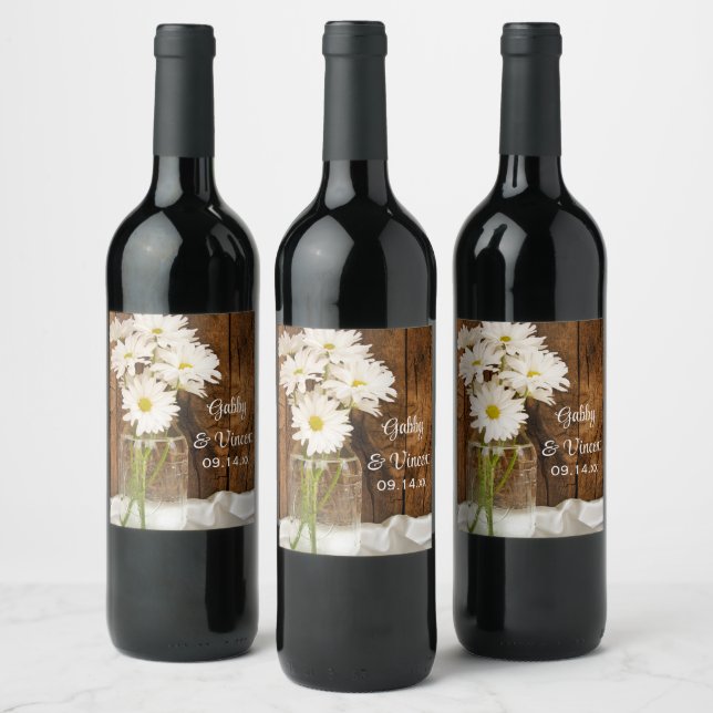Mason Jar und White Daisies Country Wedding Weinetikett (Flaschen)