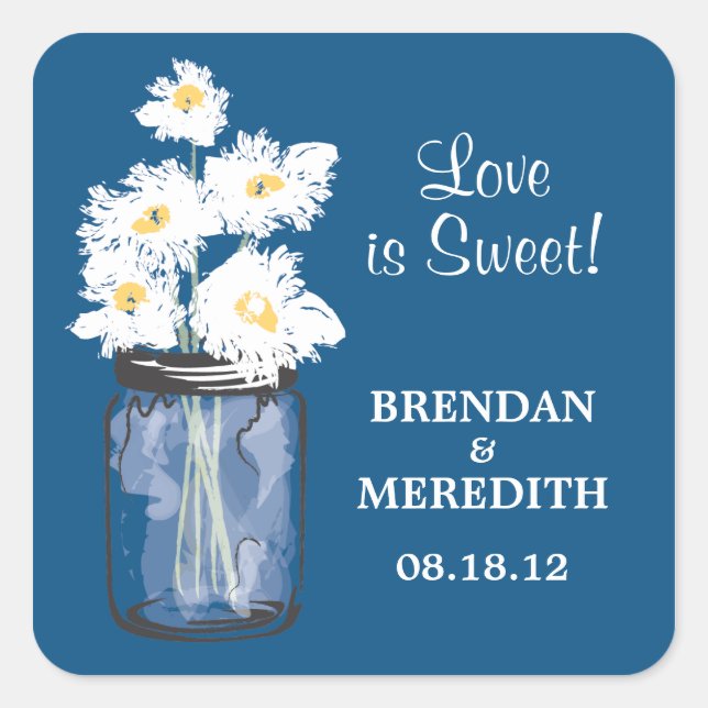 Mason Jar und White Daisies Wedding Quadratischer Aufkleber (Vorderseite)