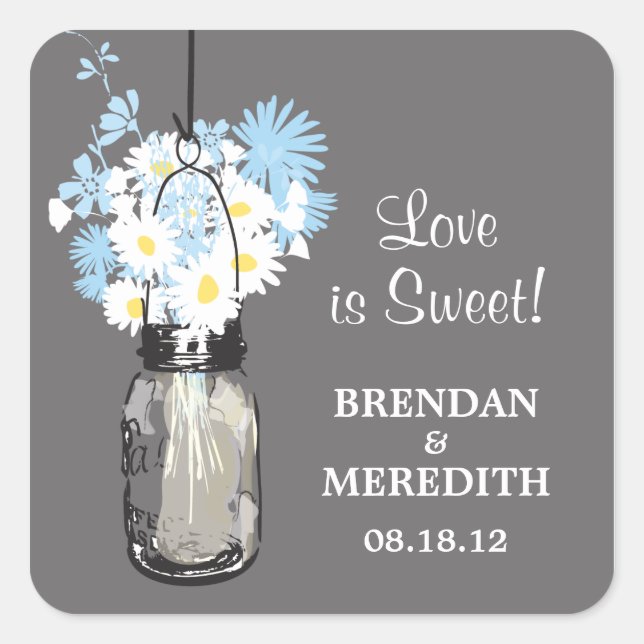 Mason Jar und White Daisies Wedding Quadratischer Aufkleber (Vorderseite)
