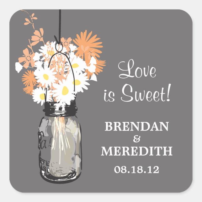Mason Jar und White Daisies Wedding Quadratischer Aufkleber (Vorderseite)