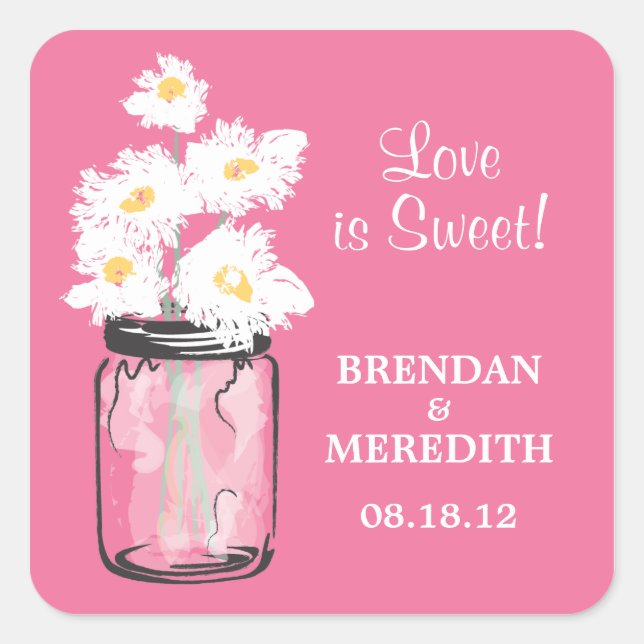 Mason Jar und White Daisies Wedding Quadratischer Aufkleber (Vorderseite)