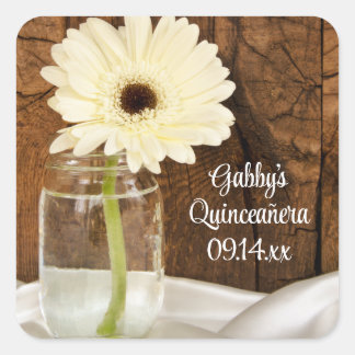Mason Jar und White Daisy Quinceañera Gefälligkeit Quadratischer Aufkleber