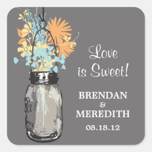 Mason Jar und Wildblumen Hochzeit Quadratischer Aufkleber