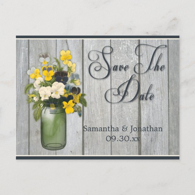 Mason Jar Violas Stiefmütterchens Barn Wood Save t Ankündigungspostkarte (Vorderseite)