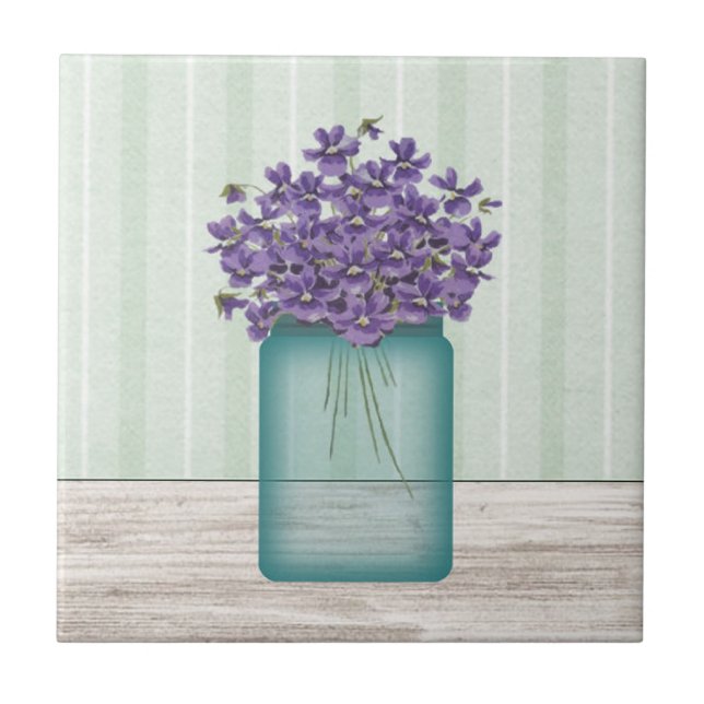 Mason Jar Violets Tile Fliese (Vorderseite)