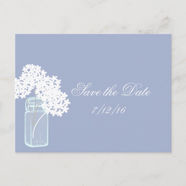 Mason Jar, White Hydrangea, Save the Date Ankündigungspostkarte (Vorderseite)
