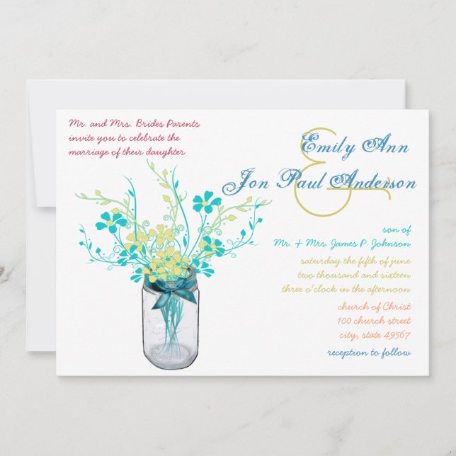 Mason Jar Wild Blume Hochzeitseinladungen Einladung (Vorderseite)