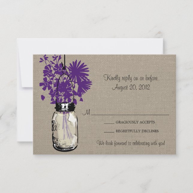 Mason Jar & Wildblumen Burlap RSVP Karte (Vorderseite)