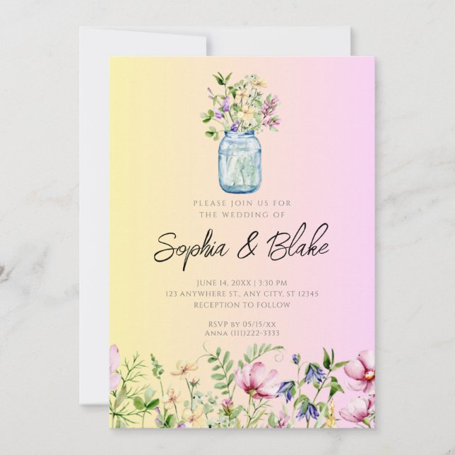 Mason Jar Wildblumen Rustic Ombre Pink Wedding Einladung (Vorderseite)