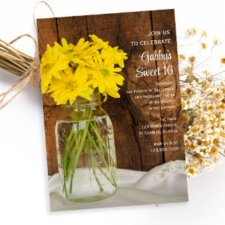 Mason Jar Yellow Daisies Sweet 16 Birthday Party Einladung