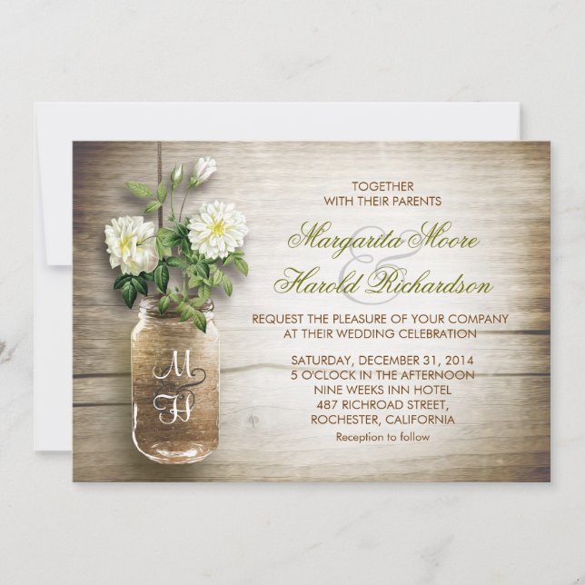 Mason jarre et fleurs blanches invitations de mari (Devant)