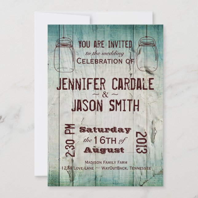 Mason Jars Barn Wood Country Wedding Einladungen (Vorderseite)