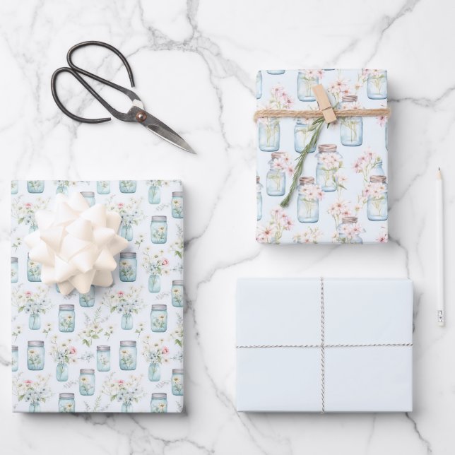Mason Jars Blue White Florals Grüne Geschenkpapier Set (Vorderseite)