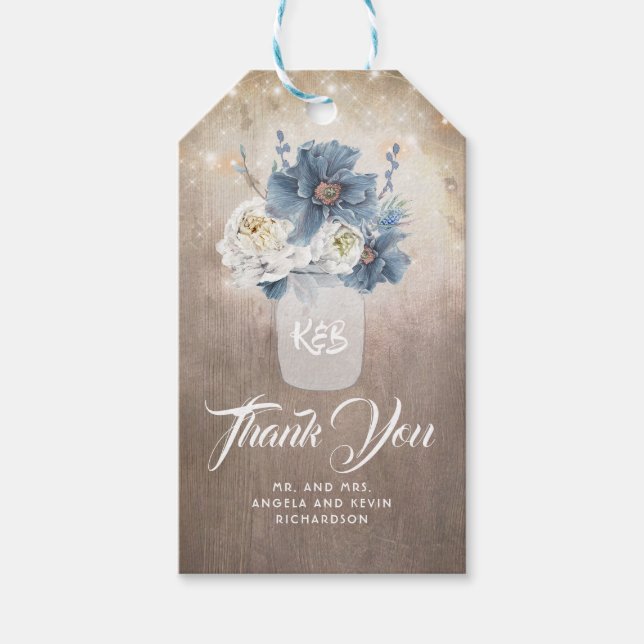 Mason Jars Dusty Blue Floral Rustikale Hochzeit Geschenkanhänger (Vorderseite)