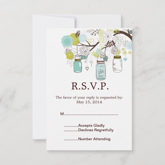 Mason Jars et Blue Green Flowers Mariage RSVP (Devant)