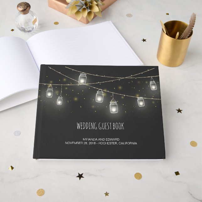 Mason Jars Fireflies Custom Wedding Gästebuch (Vorderseite Offen)