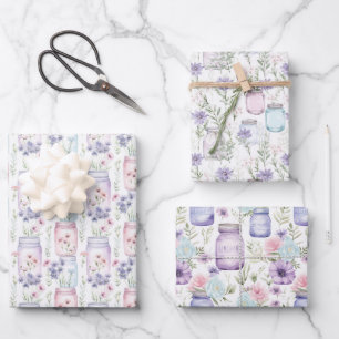 Mason Jars Lila Pink Florals Grüne Geschenkpapier Set