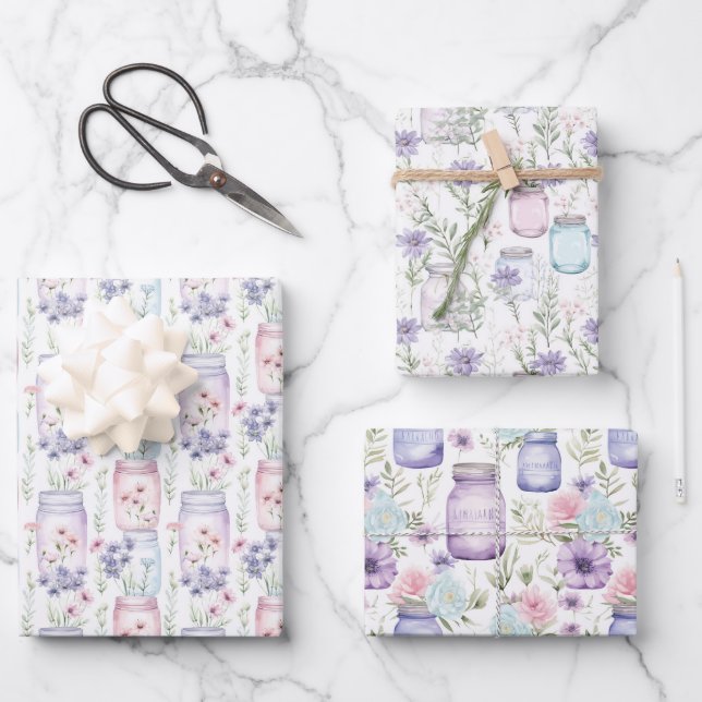 Mason Jars Lila Pink Florals Grüne Geschenkpapier Set (Vorderseite)