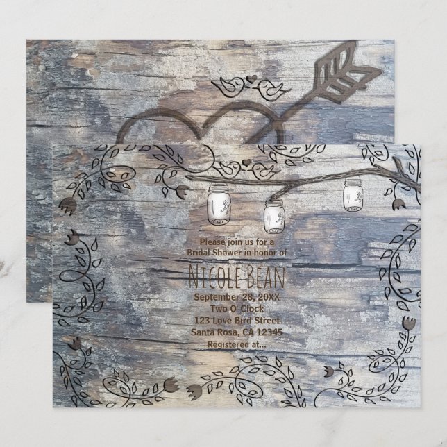 Mason Jars & Love Birds Rustikale Branch Einladung (Vorne/Hinten)
