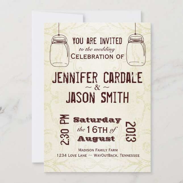 Mason Jars Pays Tourne Des Invitations De Mariage (Devant)