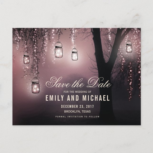 Mason Jars String Lights Elegant Save the Date Ankündigungspostkarte (Vorderseite)