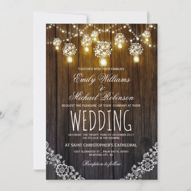 Mason Jars String Lights Elegante Rustikale Hochze Einladung (Vorderseite)