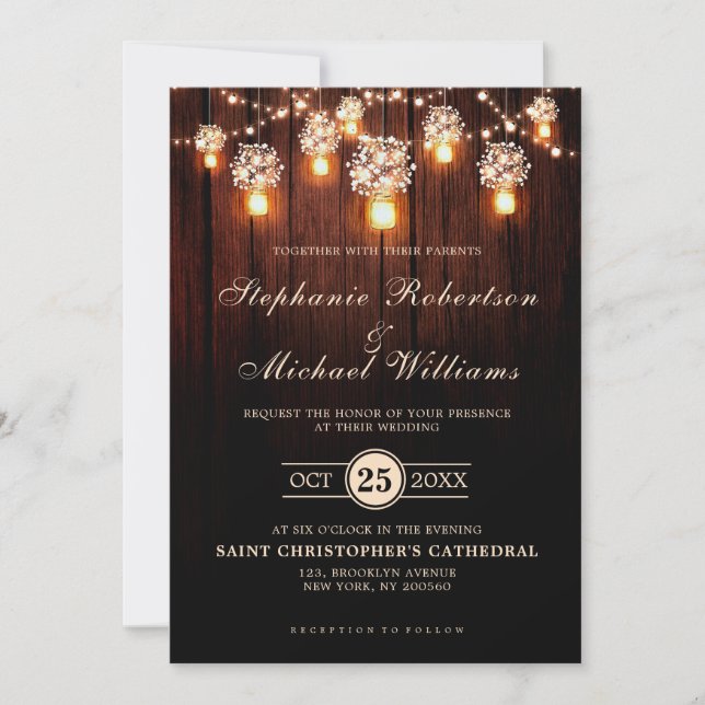 Mason Jars String Lights Elegante Rustikale Hochze Einladung (Vorderseite)