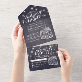 Mason Jars String Lights Navy Blumen Hochzeit All In One Einladung