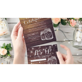 Mason Jars String Lights Rustic Wood Wedding RSVP All In One Einladung