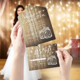 Mason Jars String Lights Rustic Wood Wedding RSVP All In One Einladung
