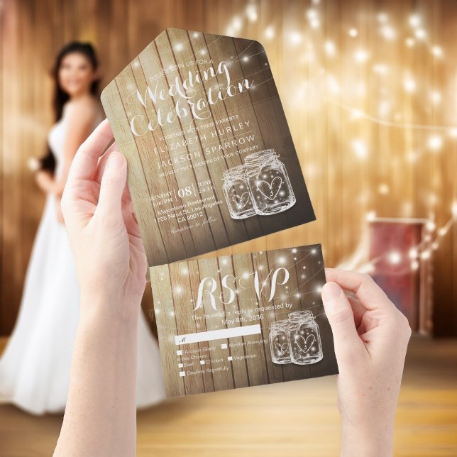 Mason Jars String Lights Rustic Wood Wedding RSVP All In One Einladung (Von Creator hochgeladen)