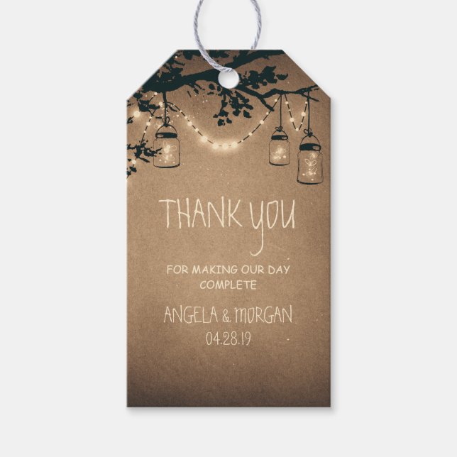 Mason Jars und Fireflies Rustische Hochzeit Geschenkanhänger (Vorderseite)