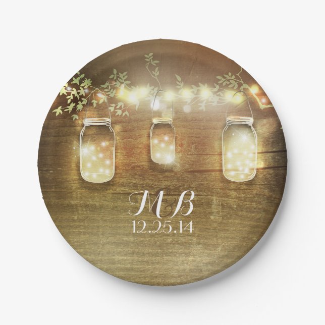Mason Jars und String Lights rustikal Pappteller (Vorderseite)
