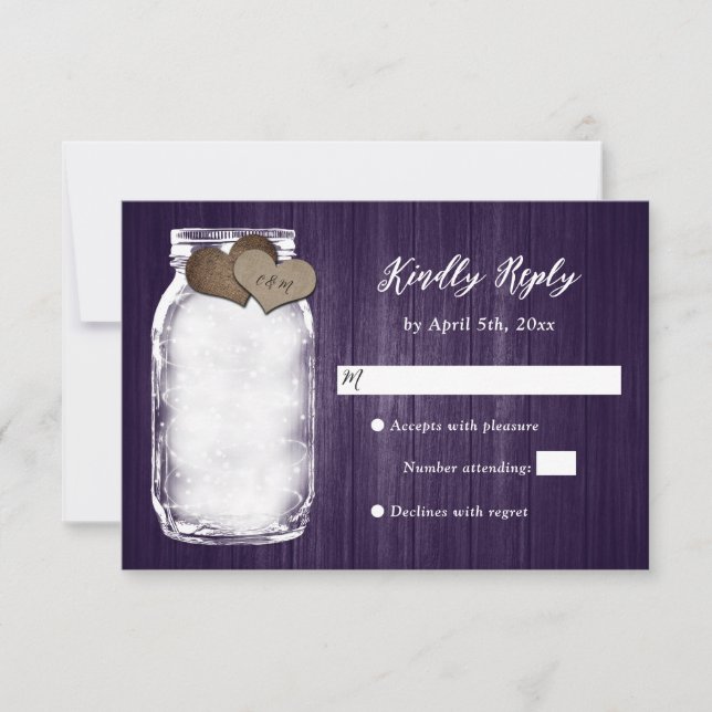 Mason violet Jar Bois Lumières Mariage Carte RSVP (Devant)